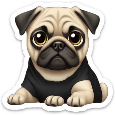 pug wearing a black t-shirt sticker