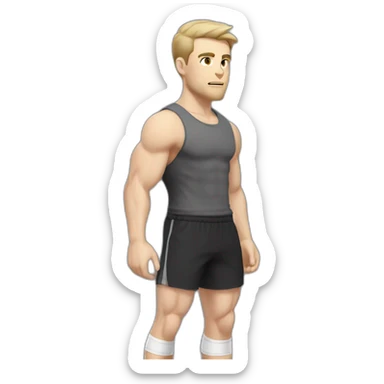Pale skinned Fit Man With the biceps and dark brown hair in black shirt, gray sports shorts and white Sneakers Scales of the back of the head sticker