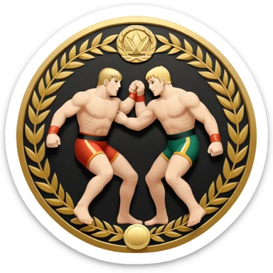 An icon symbolizing wrestling combat sports in the style of an emblem. The design features two wrestlers locked in a powerful grapple, one attempting to take the other down. Surrounding the scene are stylized elements like a championship belt, wrestling mat, and a laurel wreath.  sticker