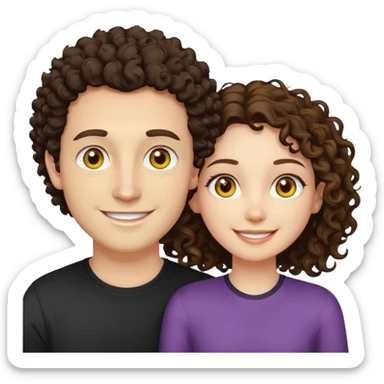 Sarı ve dağınık saçlı ela gözlü beyaz tenli erkek ve saçları koyu kahverengi kıvırcık  saçlı kız yan yana gülümsüyor sticker