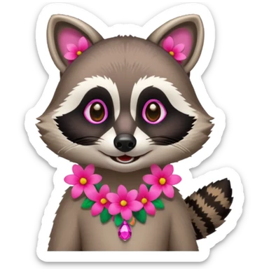 A playful raccoon wearing a neon-pink flower necklace, looking festive. sticker