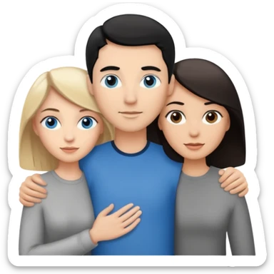 3 people. Throuple. Blank woman with blond hair and blue eye color on left. And also a blank man with black hair and grey eye color in the middle. And a blank woman with brown hair and grey eye color on the right. Holding each other sticker