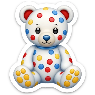 White teddy bear covered with blue, red and yellow spots and square dots on the feet sticker