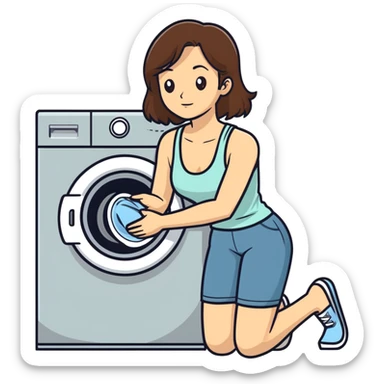 Caucasian woman with brown hair and huge boobs wearing a tank top kneeling next to washer and dryer sticker