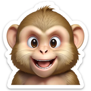 Cinematic Cheeky Macaque Portrait Emoji, Grinning mischievously with a tilted head and a playful smirk, showcasing a smart, agile build with soft, textured fur and wide, sparkling eyes pulling a funny face, Simplified yet strikingly expressive features, highly detailed, glowing with a warm, vibrant radiance, high shine, spirited and impish, stylized with an air of cheeky primate mischief, focused and teasing, soft glowing outline, capturing the essence of a cheeky macaque that looks ready to jump out of the screen with playful charm! sticker