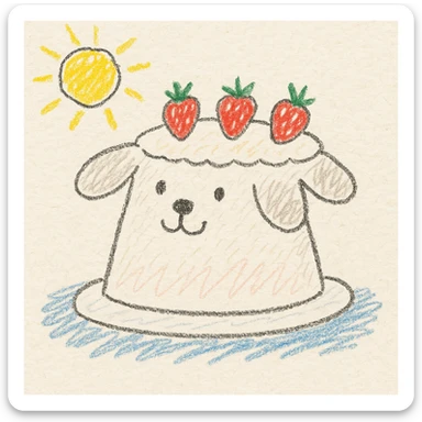 white cake shaped like a dog with strawberries on top, children doodle style, cheerful and sweet sticker