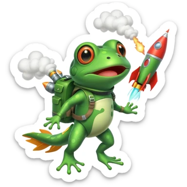 cute frog flying with a rocket pack, funny expression, rocket smoke trail, 3D cartoon, mobile game icon style, clean background, no text, no watermark sticker