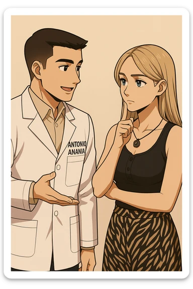 fai un webtoon/manga a colori con questo kinesiologo in camice bianco (fagli la scritta "ANTONIO ANANIA" SUL CAMICE) CHE PARLA CON QUESTA RAGAZZA CON GLI OCCHI AZZURRI. la ragazza HA UN DITO SUL MENTO MENTRE PENSIEROSA gli fa una domanda e IL KINESIOLOGO CON IL CAMICE BIANCO LE risponde. NON FARE I FUMETTI, FAI SOLO LORO COME SE DIALOGASSERO sticker