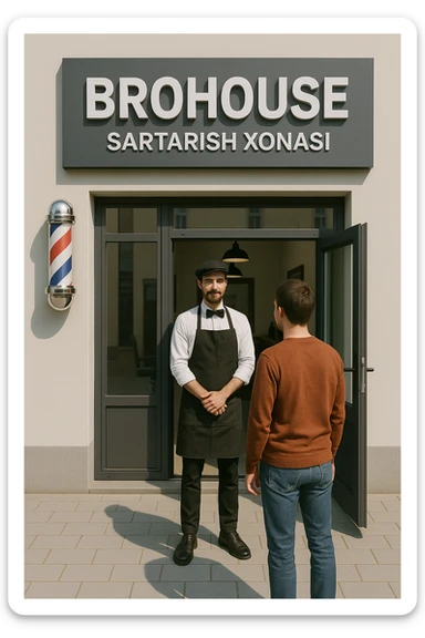 eni shu rasimga boyagi sartaosh oka eshik oldida tursin va tashqarida esa mijoz sticker