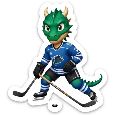 A hockey player, with a black jersey with small dark blue and white stripes, the logo on the jersey is a green dragon sticker