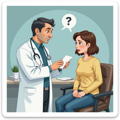 realistic illustration of a doctor in a white coat prescribing medicine to a patient showing discomfort, the doctor appears cold or hurried, clinical background, atmosphere suggesting symptom masking sticker