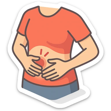 close-up of a person's stomach with hands gently massaging the area, showing mild pain, only the stomach and hands, no face, 2D isometric illustration style sticker