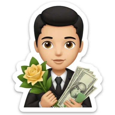 a pretty bratz boy with black hair, holding a bouquet made of money sticker