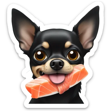 Black chihuahua with salmon in mouth sticker