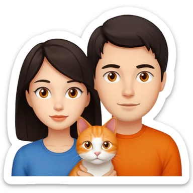 man and woman with dark hair and an orange cat sticker