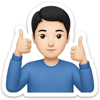 3D avatar of a Korean male frontend developer,
clean 5:5 middle part black hair,
no glasses,
close-up face portrait,
only head and one hand visible,
one hand making thumbs up gesture,
soft and friendly expression,
minimal style
 sticker