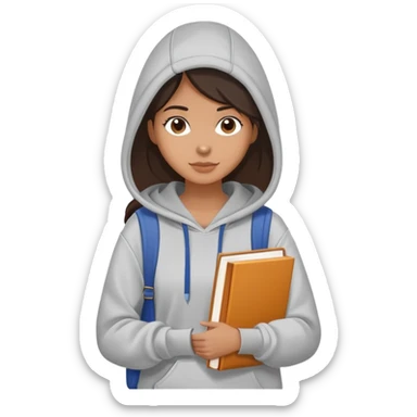 A flat-style illustration of a woman college student with a tote bag over the shoulder and a book in one hand. The student wears a hoodie. Clean cartoon style, white background, iOS emoji aesthetic. sticker