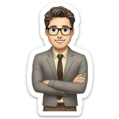 Pale skinned fit man with dark brown hair in gray jacket, beige office shirt, brown tie, brown pants and vintage glasses Writing text on a marker board sticker