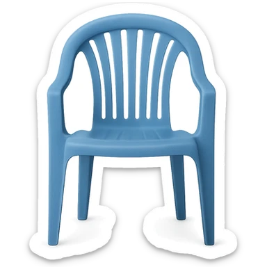 blue molded plastic lawn chair, arched top roll, five vertical back slats, viewed from the front, clean and minimal sticker