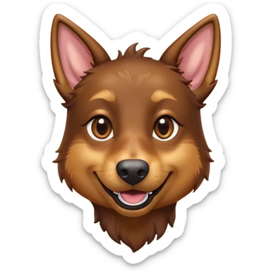 Cinematic Comical Brown and Tan Kelpie Portrait Emoji, Head tilted dramatically with an exaggeratedly amused expression, featuring a striking brown Fur with bold tan accents, wide, expressive warm eyes filled with playful disbelief, Simplified yet hilariously expressive features, highly detailed, glowing with a slightly sassy glow, high shine, dramatic yet playful, stylized with an air of cheeky mischief, bright and endearing, soft glowing outline, capturing the essence of a spirited and over-the-top herder, so meme-worthy it feels like it could side-eye its way into internet fame instantly! sticker