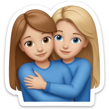 two Girls, Brown and Blonde hair, with Blue Eyes hugging one has Brown hair cute Hug  sticker