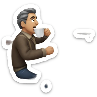 Hombre gordito tomando café frente al árbol de navidad  sticker