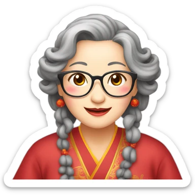 Chinese seniors lady wear glasses has wavy long hair wear Chinese traditional dress show appreciation sign sticker