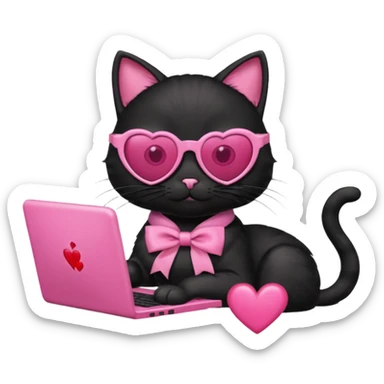 Black cat with pink ribbon and sunglasses doing pink computer with pink heart sticker