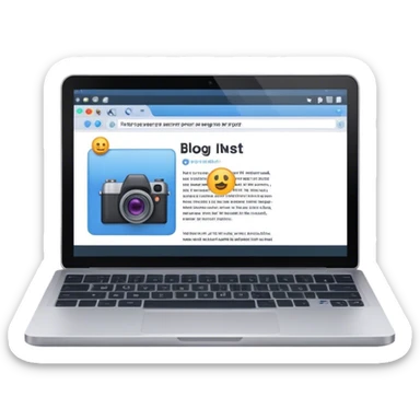 Create an emoji of blogging. The design should feature an open laptop or tablet with a visible blog post on the screen, showing text. Add a photo or video camera to symbolize multimedia content creation. Use modern, professional colors. No smiles. Make the background transparent. sticker