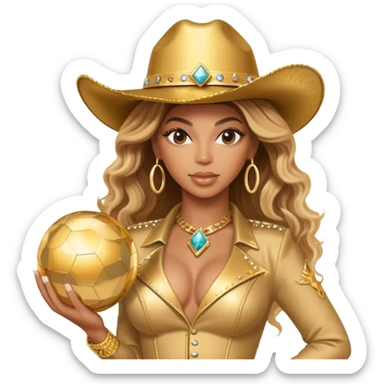 Beyonce with a gold outfit and gold cowboy hat hold the Vegas sphere sticker