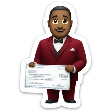 fat guy in dark red velvet suit holding cheque sticker