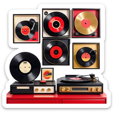 Icon for Vinyl Record Collecting: large black, golden and red vinyl records in decorative packaging featuring artist images, neatly arranged on a wall or shelf, modern vinyl record player. The icon should reflect the aesthetic and artistic aspect of collecting vinyl records. Transparent background. sticker