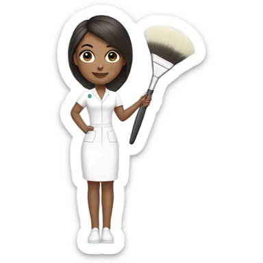 Brunette esthetician wearing white holding a fan brush sticker