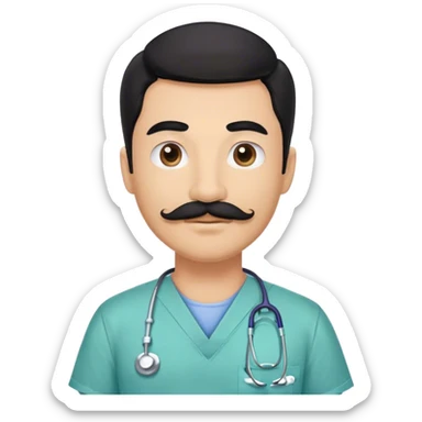 Male dentist wearing scrubs with black hair and a mustache sticker