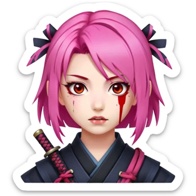 Девушка самурай, кровь на лице, розовые волосы, стиль аниме sticker