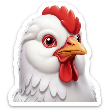 Cinematic Cute White Chicken Portrait Emoji, Head tilted playfully and inquisitively, featuring smooth, immaculate white feathers and a delicate red comb, round, sparkling beady eyes filled with curiosity, Simplified yet irresistibly adorable features, highly detailed, glowing with a warm, friendly glow, high shine, affectionate and lively, stylized with a touch of farmyard whimsy, bright and endearing, soft glowing outline, capturing the essence of a mischievous yet loving chicken, so playful it feels like it could peck out of the screen and into your arms! sticker