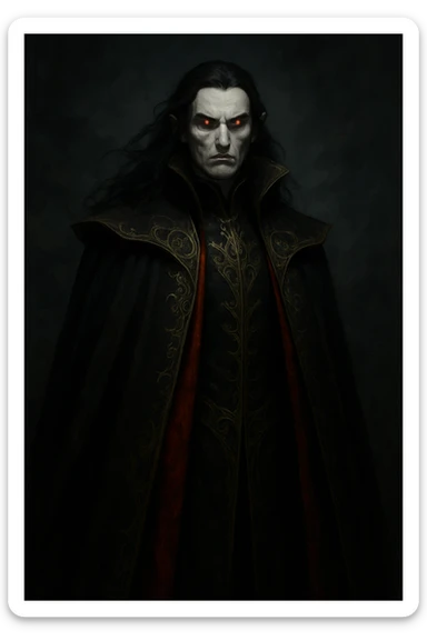 tall, imposing figure with long, flowing black hair, glowing red eyes, and a regal black and red cloak with gold embroidery. His pale skin and sharp, angular features give him a menacing, noble presence. sticker