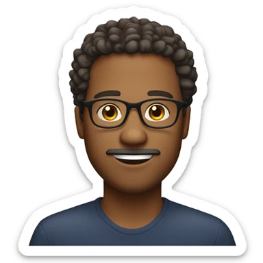 Brown male wearing glasses with curly hair, slightly round face with goatee facial hair sticker