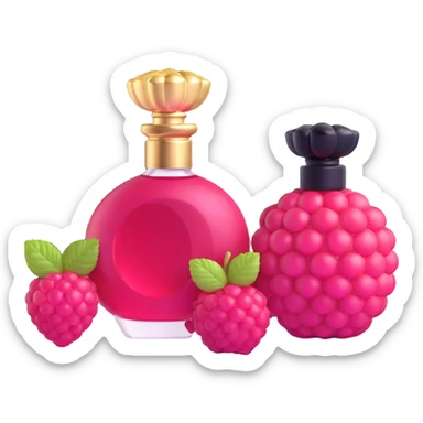 AVON women's perfume bottle next to a raspberry-shaped bottle sticker