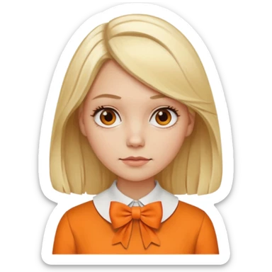 longer blond hair not smiling woman with orange blouse bow collar sticker