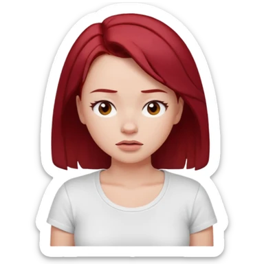 younger woman shrugging, eyes closed, white t-shirt, dark red hair sticker