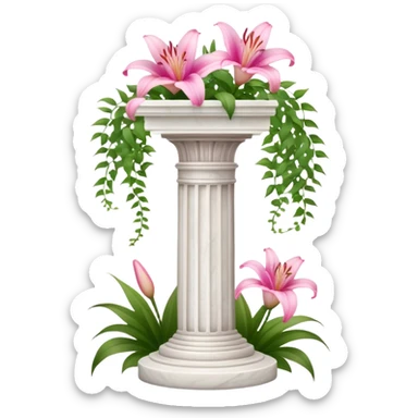 White tall marble pedestal with vines growing on it and pink lilies, beautiful romantic scenery  sticker