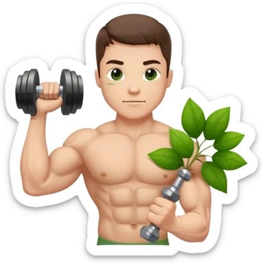 strong biceps flexing while holding a dumbbell, five green leaves arranged on the left side sticker