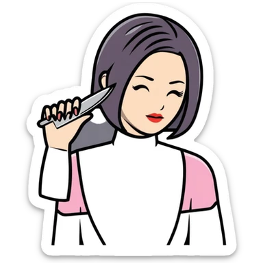 hairdresser demonstrating cutting techniques on mannequin sticker