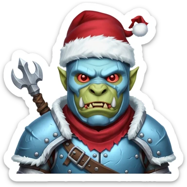 
Fantasy Christmas orc legion soldier icon, iron tundra army theme, heavy winter armor, disciplined brutal look, icy blue steel armor with deep crimson accents, frozen metal texture, cold winter atmosphere, male variant sticker