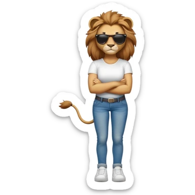 female lion character, full body, standing with arms crossed, wearing jeans, white t-shirt, trainers, dark sunglasses, strong and determined look sticker