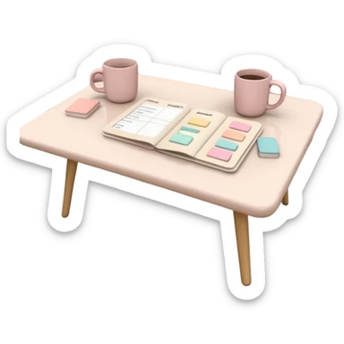 Coffee table with pastel pink study flashcards, beige ceramic mug beside sticker