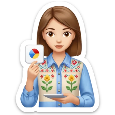 A Ukrainian girl with brown hair in an embroidered shirt holds a diagram sticker