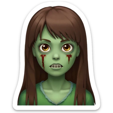Zumbi feminino, de pele verde, cabelo marrom, longo, liso e castanho com franja sticker