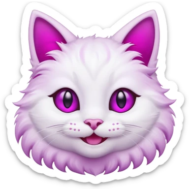 White cat smiling with teeth showing, pink inner ears, magenta purple eyes, looks like discord's Smiling Cat emoji sticker